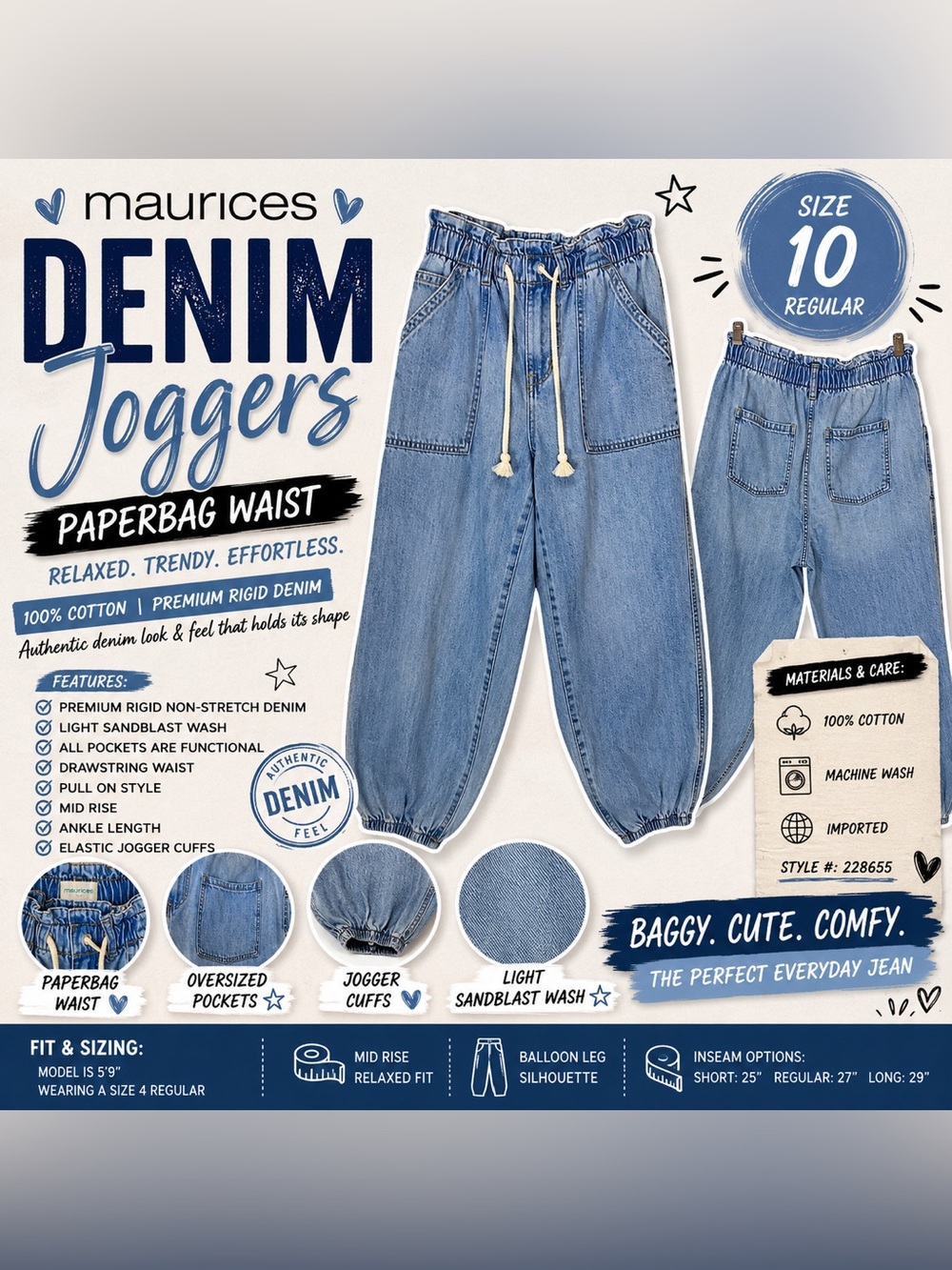 Maurices Paperbag Waist Denim Joggers Size 10 Light Wash Balloon Jeans